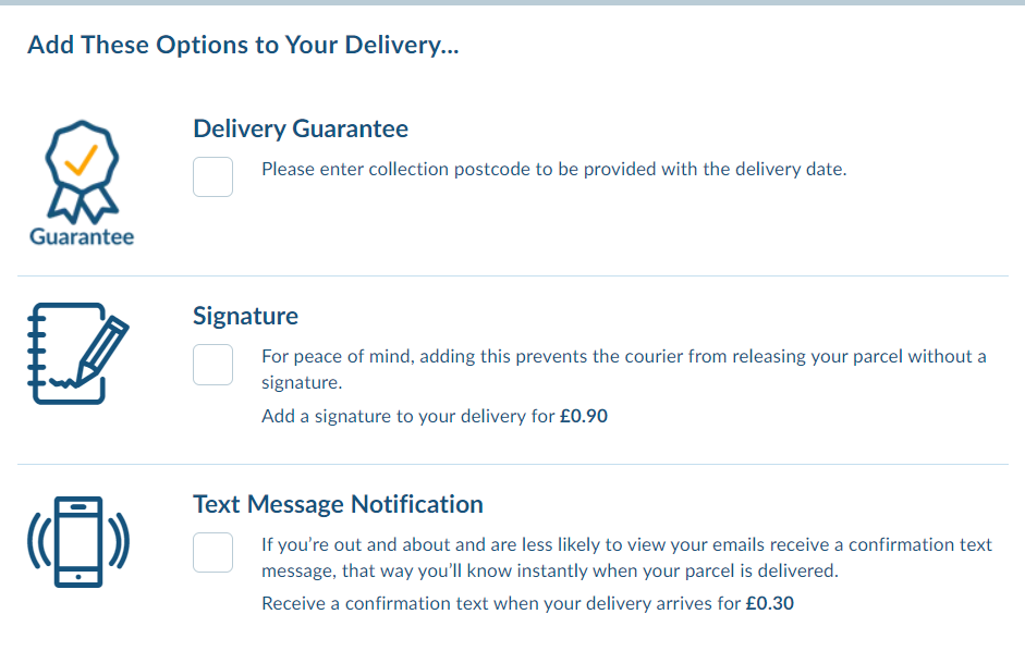screenshot of addtional delivery options