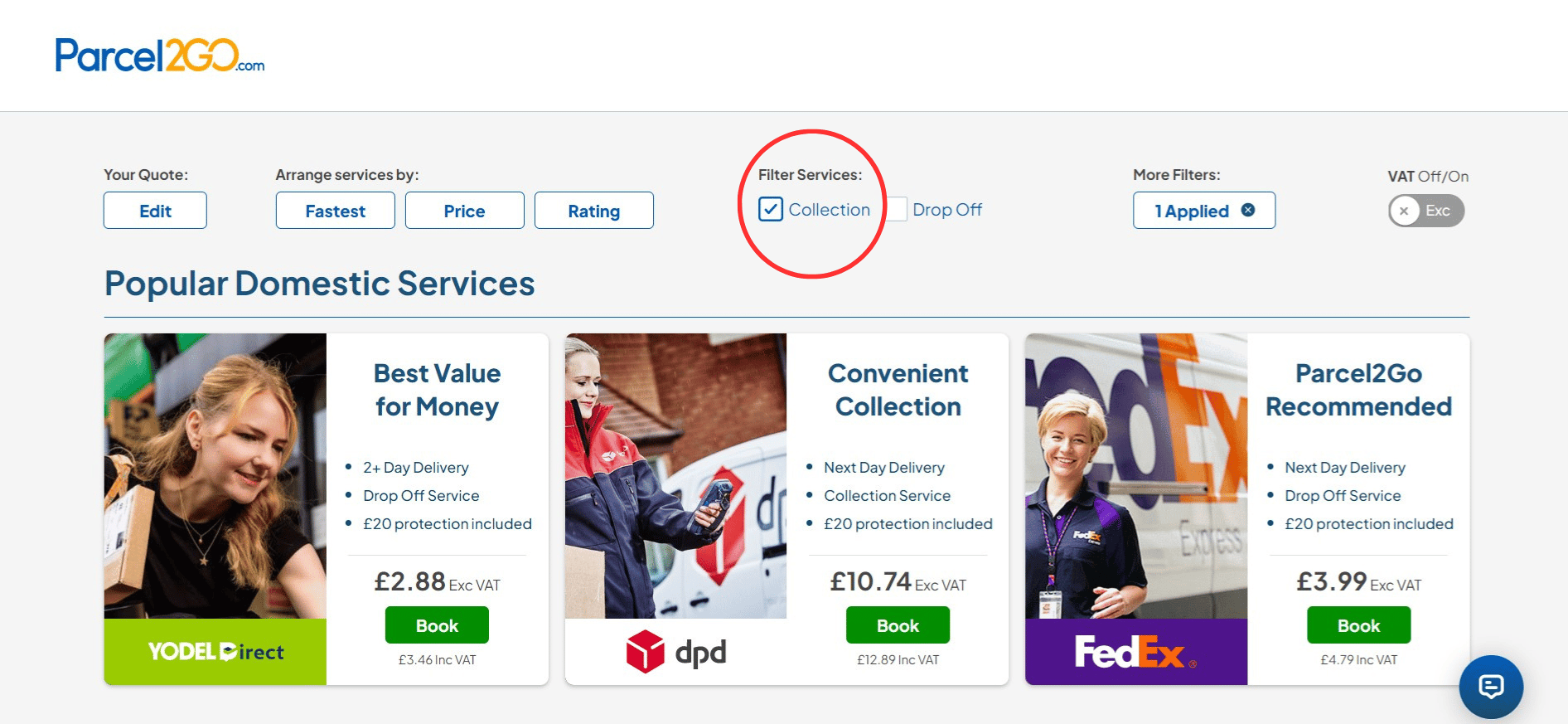 screenshot of parcel2go quote page