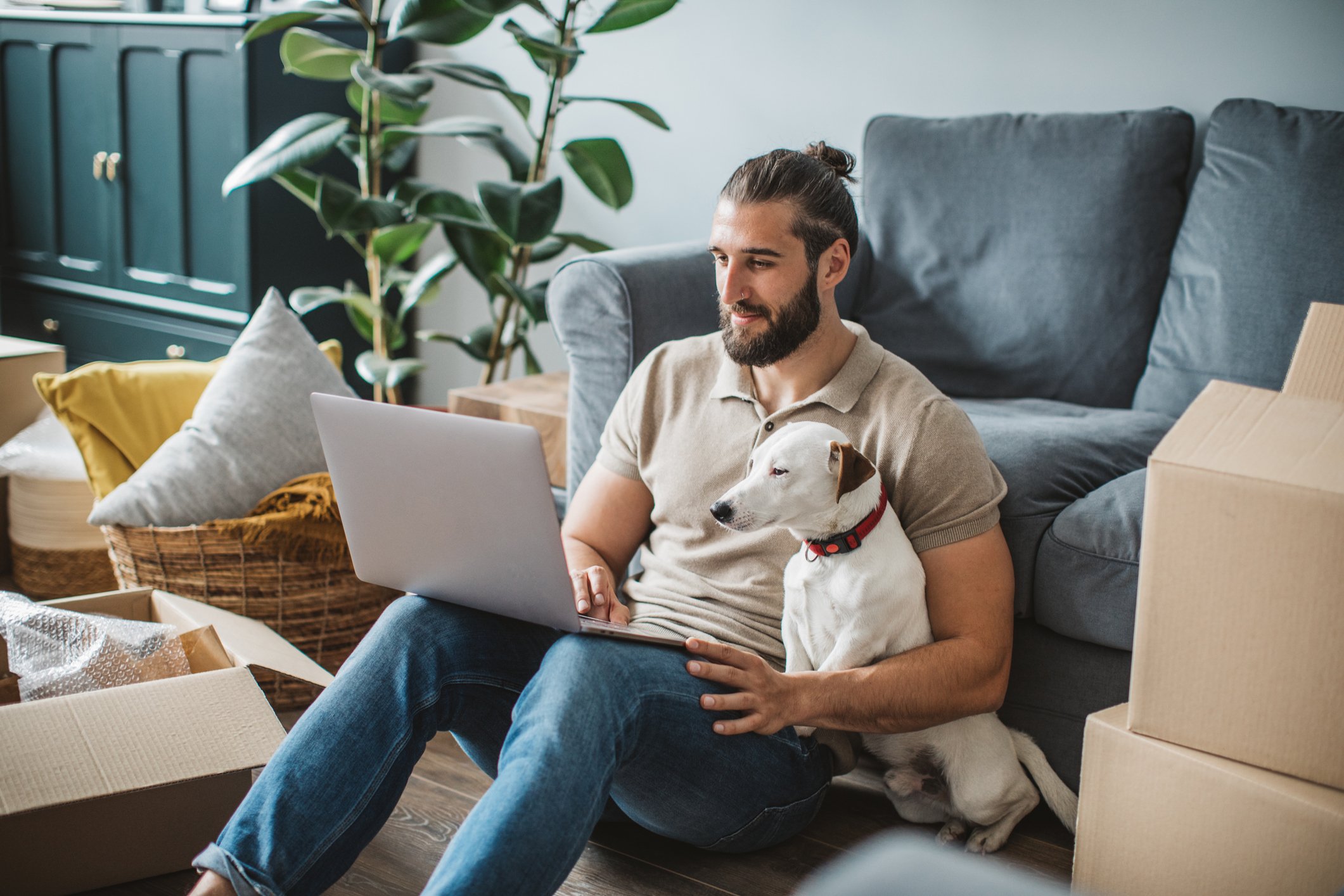 Man with dog on laptop in new home