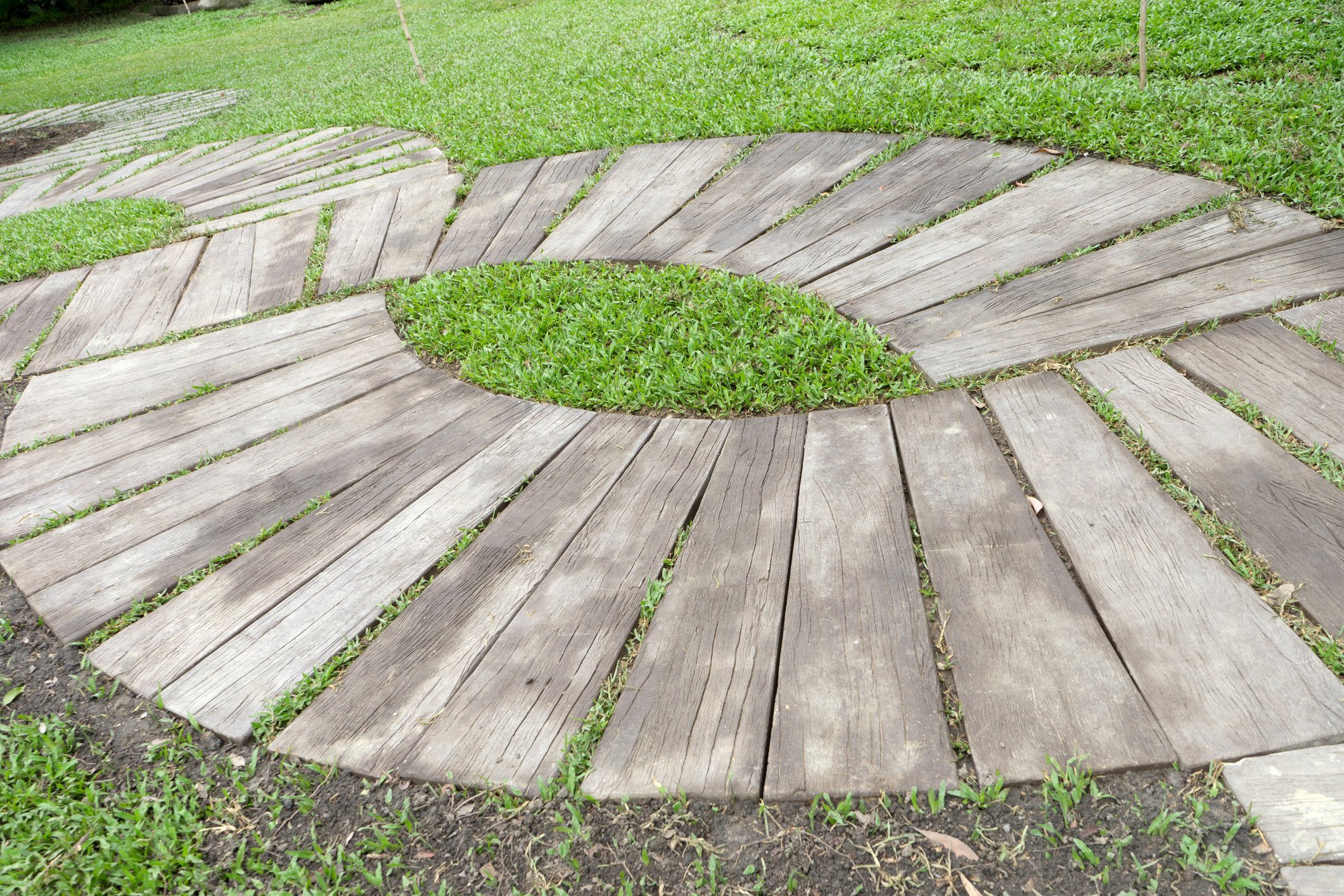 Wooden planks in walkway on grass