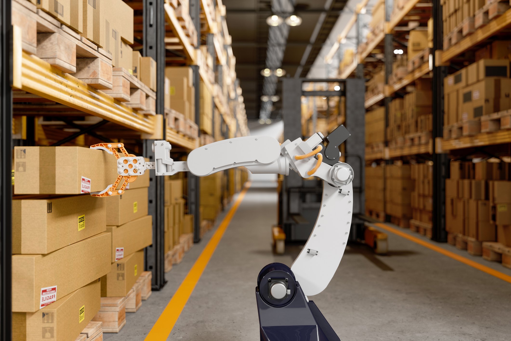 robot arm grabbing parcel from shelf