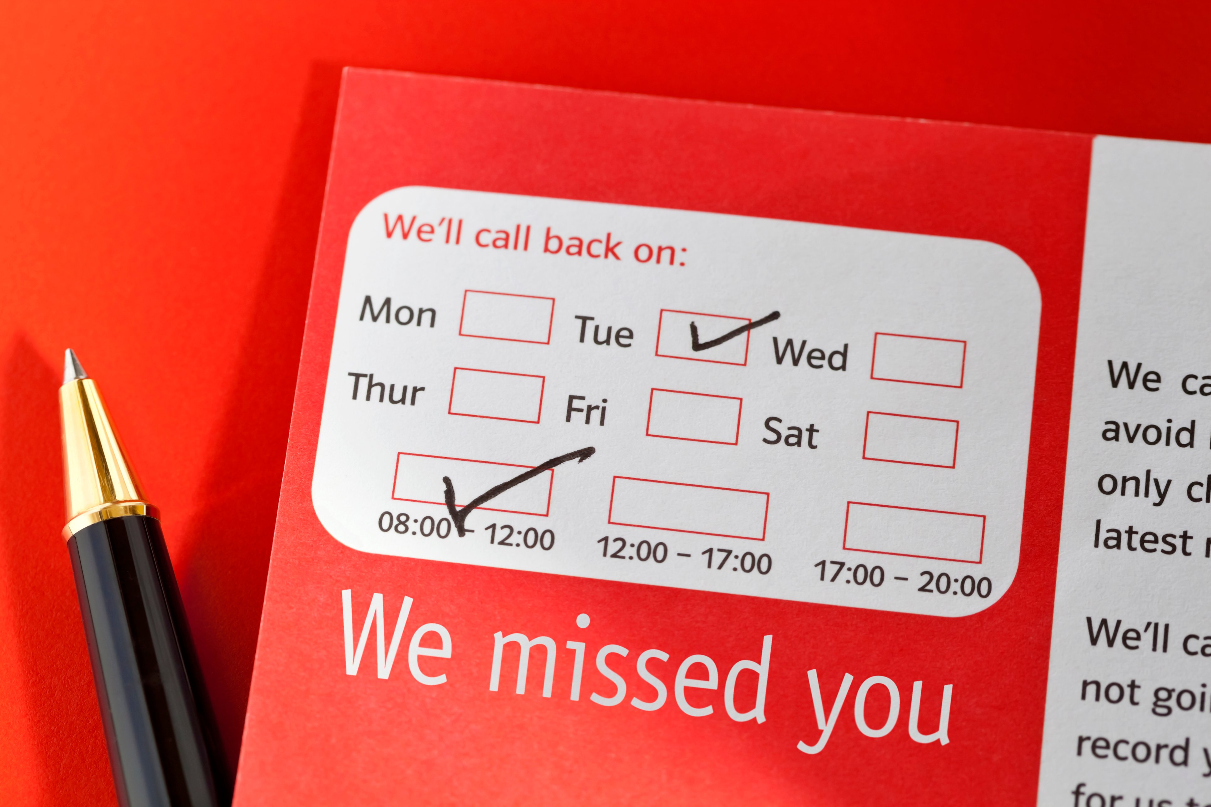 'Sorry we missed you' delivery card with pen