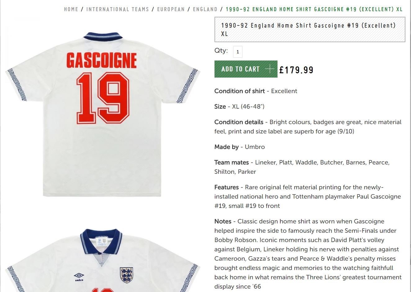 Paul Gascoigne England Shirt Italia 1990