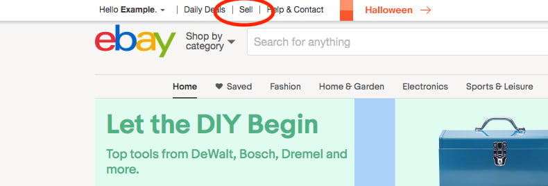 Click the "Sell" button in the top left-hand corner of the eBay homepage