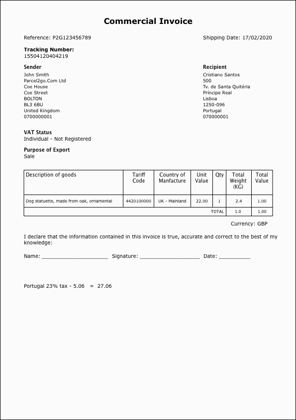 customs declarations consumer international shipping parcel2go